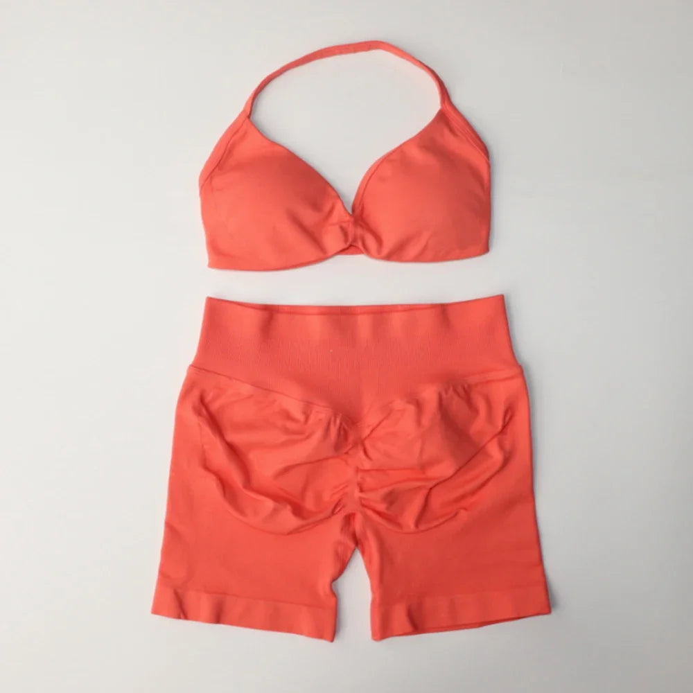 Impact Gym Set Women Two Piece Strappy Yoga Bra Top Workout Scrunch Shorts Suit Fitness Clothes Seamless Sportswear Workout Set CORAL RED