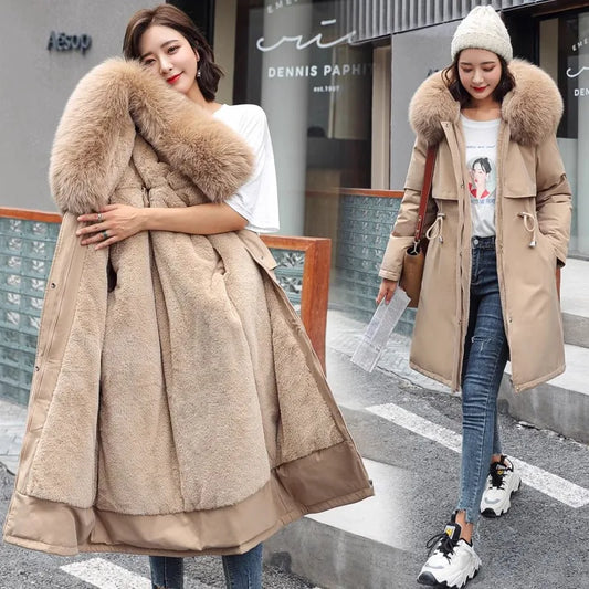 Thiened Fce Women's Cotton Jaet Korean Sle Slim Fit Mid-Length Parka Coat Warm Casual Outerwear for Winter Season