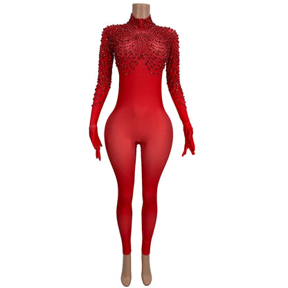 High Elasticity Large Sized Women Jumpsuit Shiny Red Shawl Rhinestone Tight Pants with Glove Acrobatic Pole Dance Costume pijian Badiee Stylez