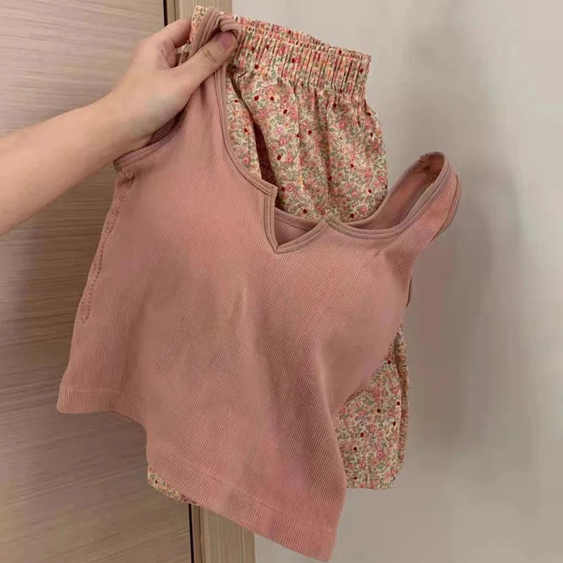 Sexy Floral Elastic Waist Pajama Vest With Padded Chest Pajama Pants Home Pants Summer Set For Women Two Piece Floral Sling Set