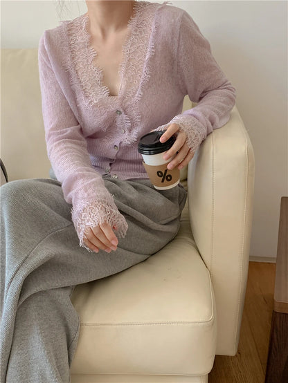 High-fashion Kawaii Botton Up Lace Patchwork Knitted Cardigan Women Autumn Winter Ladies Elegant Vintage Sweater Cheap Wholesale