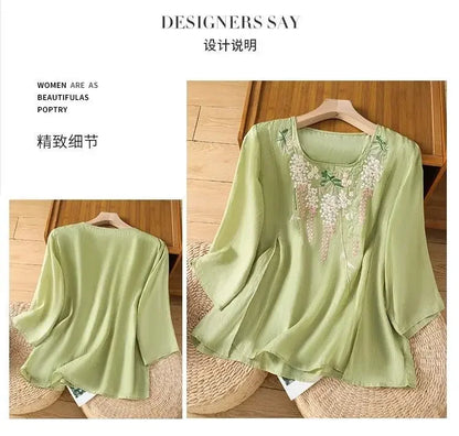 Thin Streetwear Vintage Clothes Ethnic Style Cotton Linen Shirts for Women Clothing Top Tshirt Tees Fashion Casual Embroidery