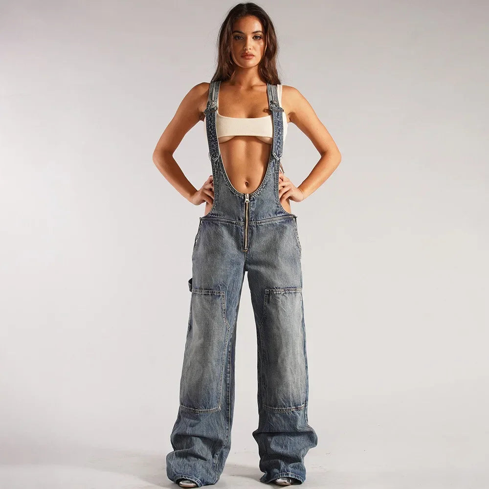 Jumpsuits Women Jeans Overalls Sexy Backless Vintage Full Length Denim Straight Pants Loose Pockets Distressed Washed Casual Light Blue