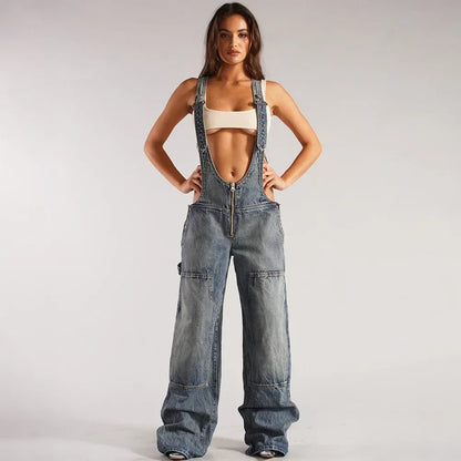 Jumpsuits Women Jeans Overalls Sexy Backless Vintage Full Length Denim Straight Pants Loose Pockets Distressed Washed Casual Light Blue
