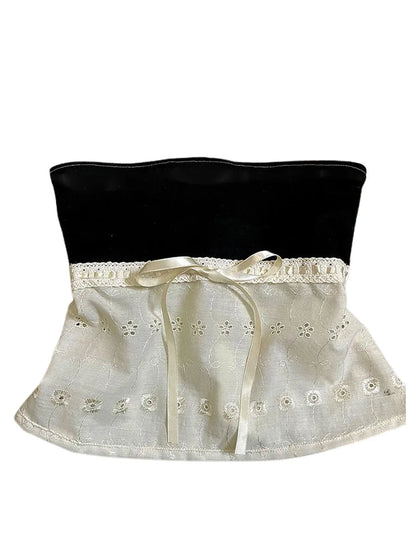 Women's Bandeau Top Kawaii Bow Lace Frill Strapless Tube Tops Summer Sexy Off Shoulder Backless Tie-up Vest Y2k Streetwear