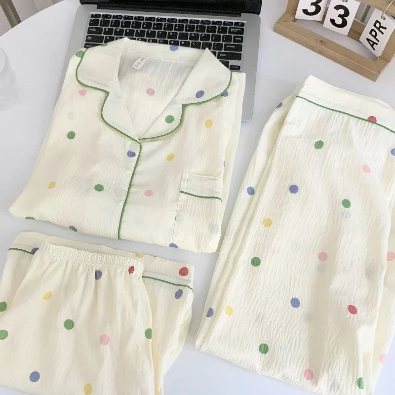 Summer Cloud Cotton Spwear Set Women's ort Sve Long Pants Home Clothes Cartoon Print Comfortable Breathable Nightgown Cz three-piece setSmall dots
