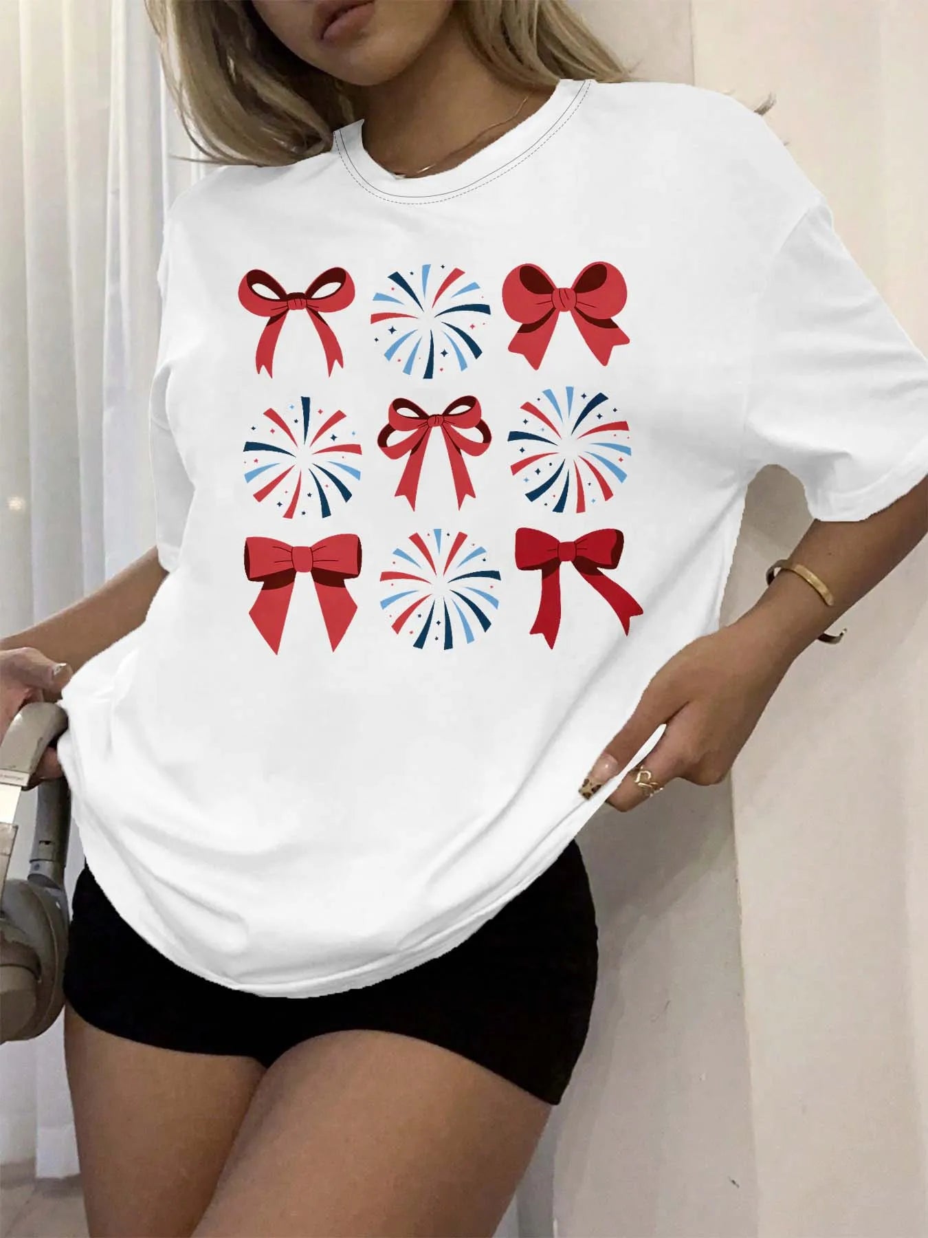 Plus Size Festive Bow And Firework Graphic Tee Elegant Celebration Inspired Top For Stylish Occasions WHITE