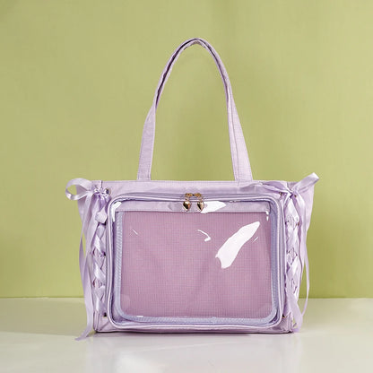 Japanese Large Capacity Satin Ribbon Ita Bag Sweet Girl Anime Transparent Tote Bag Lolita Shoulder Bags Clear Pvc Handbags Purple