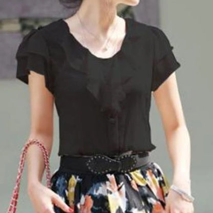 New Arrival 2024 Chiffon Short Sleeve Female Blouse Shirt Fashion Ruffles Ladies White Black Office Blouses Women Clothes