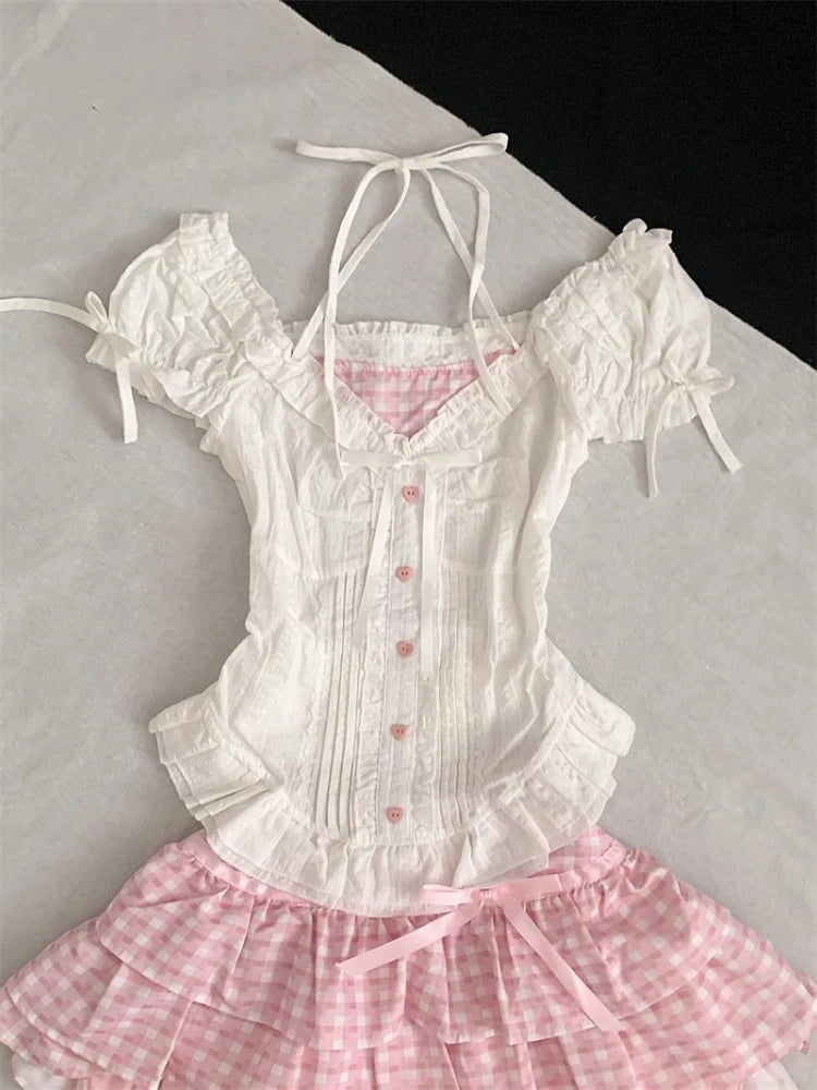 Summer Japanese Sweet Cute Women Outfits Bubble Sleeve Top + Pink Plaid Cake Skirt Harajuku Pure Desire Slim Two Piece Sets 2025 Only Tops
