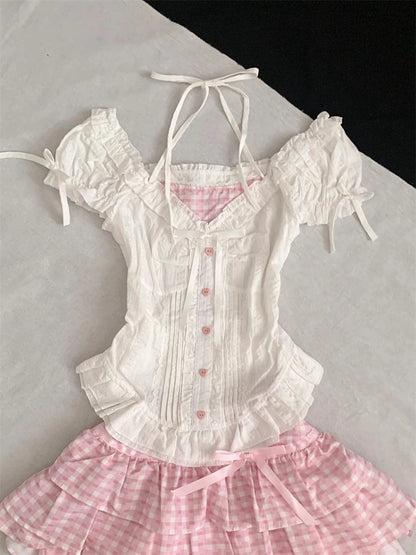 Summer Japanese Sweet Cute Women Outfits Bubble Sleeve Top + Pink Plaid Cake Skirt Harajuku Pure Desire Slim Two Piece Sets 2025 Only Tops
