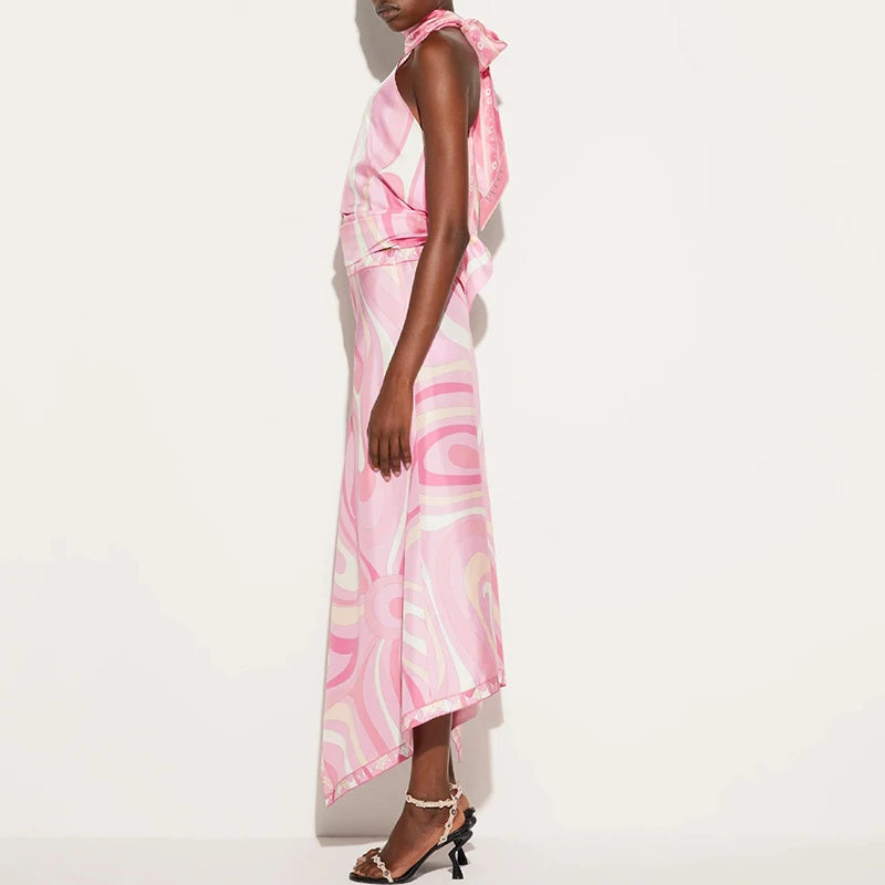 Summer Sexy Print Sleeveless Halter Shirt Skirt Two Piece Set Women Retro Pattern Print Satin Outfit Women Beach Holiday Clothes