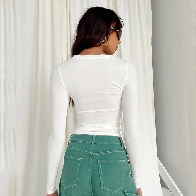 2024 Spring Autumn Women Y2K Pink T-Shirt Causal Long Sleeve Crop Tops O Neck Pullovers Base Tees Bodycon Slim Fit T Shirt