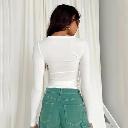 2024 Spring Autumn Women Y2K Pink T-Shirt Causal Long Sleeve Crop Tops O Neck Pullovers Base Tees Bodycon Slim Fit T Shirt