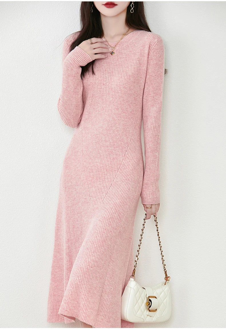 Women's Pure Wool Knitted Long Dress, Round Neck, Fishtail Skirt, Slim, Elegant, Casual, Fashionable, Sweater, 2024Autumn/Winter Badiee Stylez