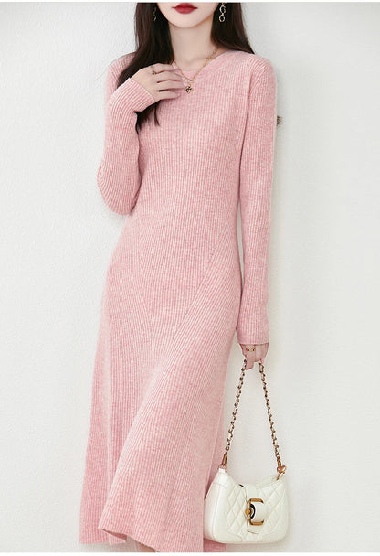 Women's Pure Wool Knitted Long Dress, Round Neck, Fishtail Skirt, Slim, Elegant, Casual, Fashionable, Sweater, 2024Autumn/Winter Badiee Stylez