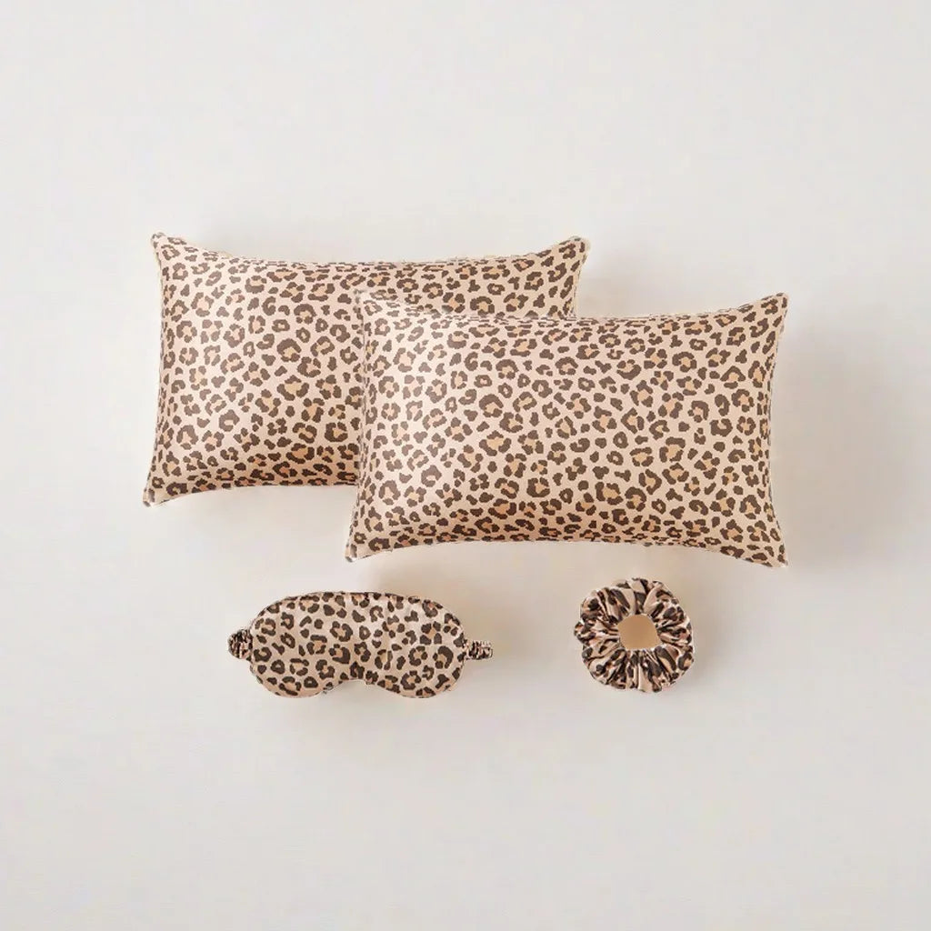 Leopard Print 4PCS Satin Sleep Set – 2 Pillowcases with Eye Mask and Hair Scrunchie for Nighttime Beauty Care and Travel Comfort Badiee Stylez