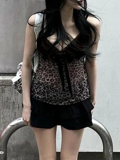 Leopard Mesh Crop Top y2k Bow Velvet Patchwork See Through Mini Vest Grunge Korean Vintage Camisole Lace Frill Tanks