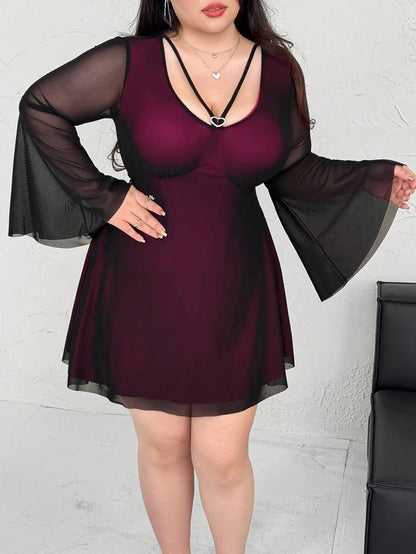 Plus Size 2025 New Sexy Color Crash V Neck Love Heart Flared Sleeve Long Sleeve A Pendulum Dress Short Dress