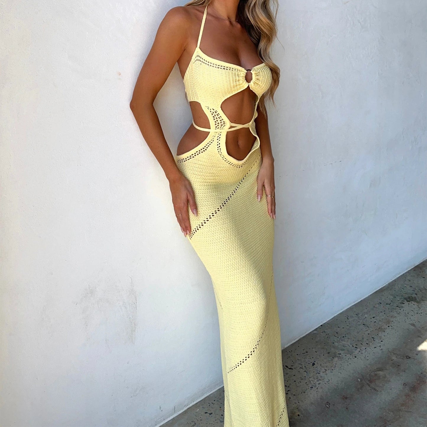 Women's Sleeveless Knit Long Dress Solid Color Halter Front Cutout Back Tie-Up Slim Dress Summer Beach Casual Dress