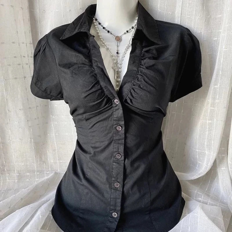 Retro new black Japanese V-neck shirt for women Harajuku Goth large size waist-hugging and slimming fashion top