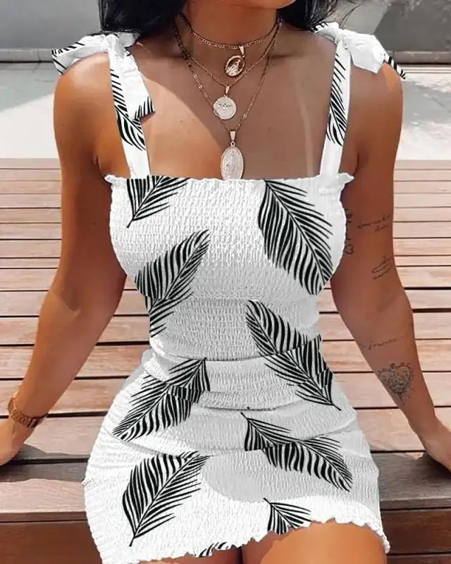 Women Elastic Waist Pleated Dress Summer Sleeveless Off The Shoulder Floral Print Bodycon Party Dresses SZE-1930 Leaf