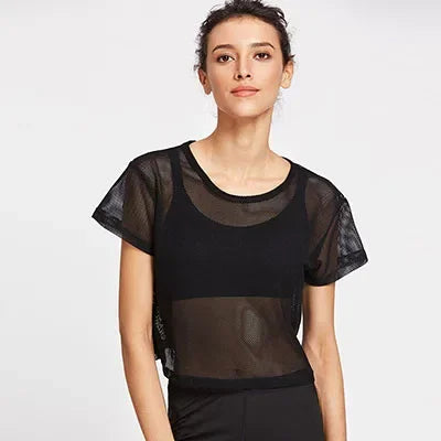 Quick Dry Women's Mesh Yoga Shirt Sexy Short Sleeve T-Shirt Sport Top Workout Gym Clothes Running Fitness Sportwear Comfortable black