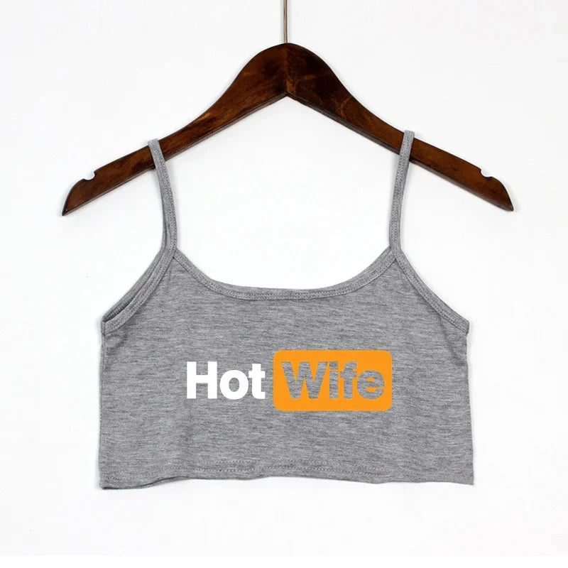 HOT WIFE Letters Print Female Sexy Crop Top Fashion Women's Sexy Elastic Cotton Camis Sleeveless Short Girls Tank Top Bar Women Light Gray 1-1