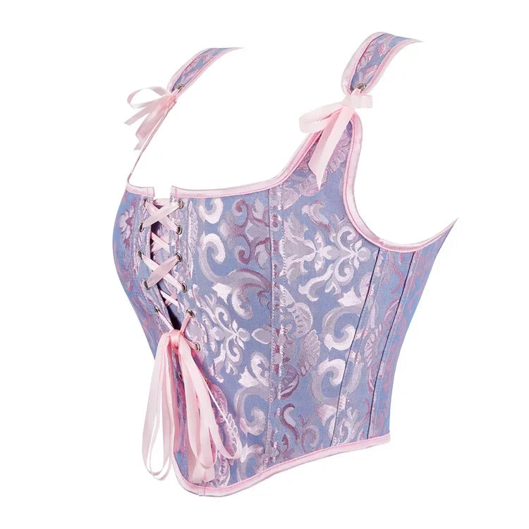 Blue Jacquard Corset Sexy Shoulder Straps Overbust Bustiers Crop Top Lace Up Brocade Vest Lingerie Gothic For Women Outfit
