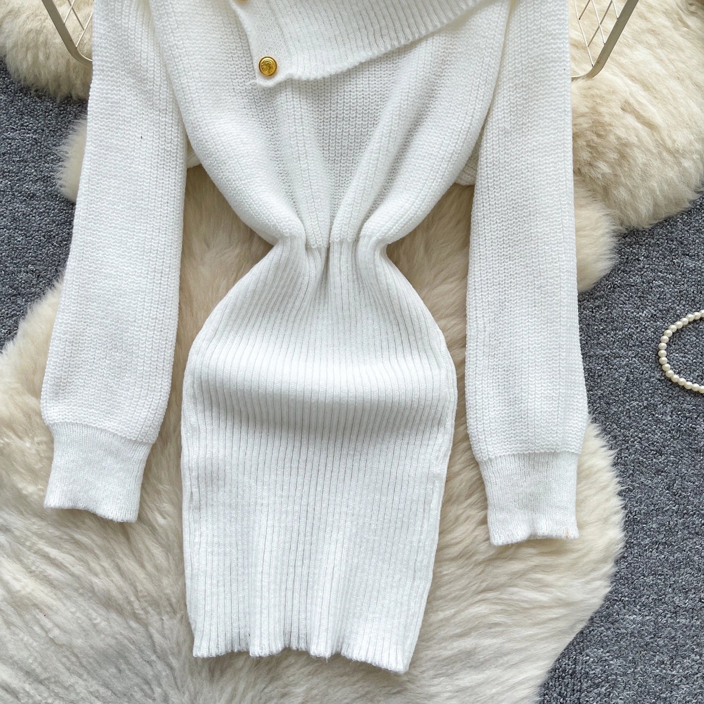 SINGREINY Autumn Knitwear Bodycon Dress Diagonal Collar High Elastic Slim Fit Design Female Light Luxury Solid Sweater Dress