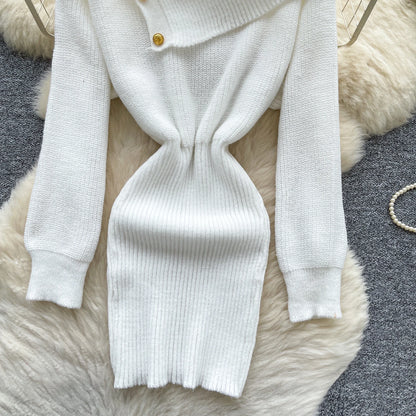 SINGREINY Autumn Knitwear Bodycon Dress Diagonal Collar High Elastic Slim Fit Design Female Light Luxury Solid Sweater Dress