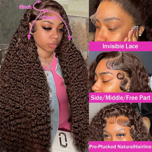 13X4 Chocolate Brown Curly Lace Front Wigs Colored 100% Human Hair Wigs Pre Plucked Deep Wave 13X6 Hd Lace Frontal Brazilian Wig Badiee Stylez
