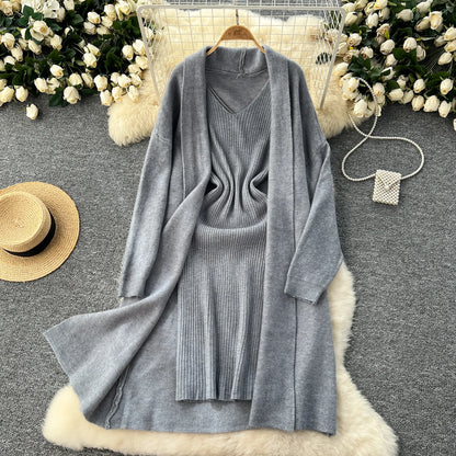 SINGREINY Autumn Knitted Two Pieces Sets Ladies Loose Knitting Cardigan+Spaghetti Strap Bodycon Dress Basic Solid Winter Suits Badiee Stylez