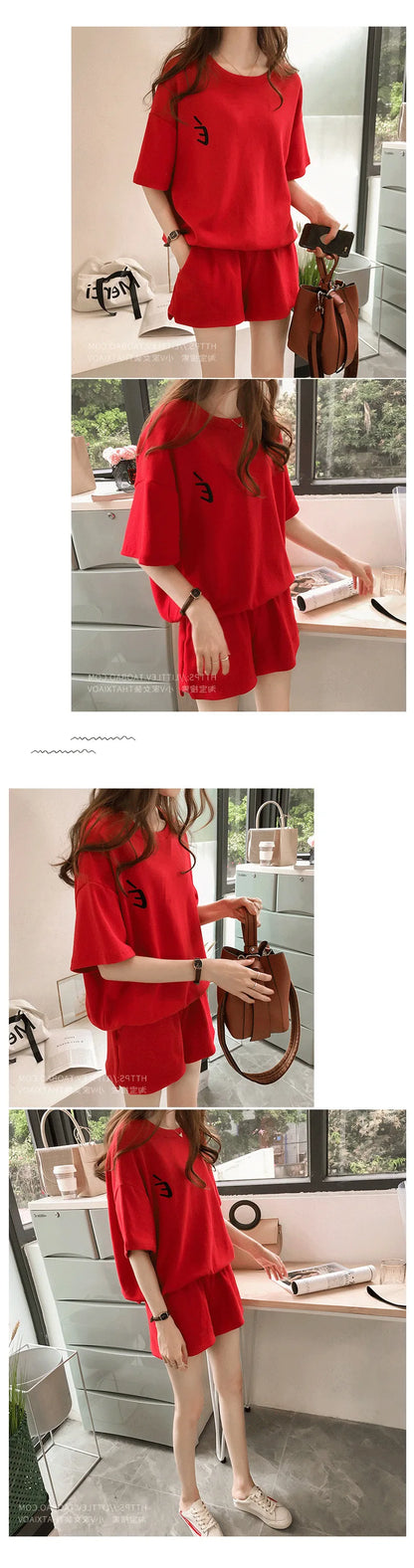 Red Two piece Cotton Women's Sportswear Set 2025 Summer New Round neck Short sleeved Top+Shorts Women Loose Casual Clothing