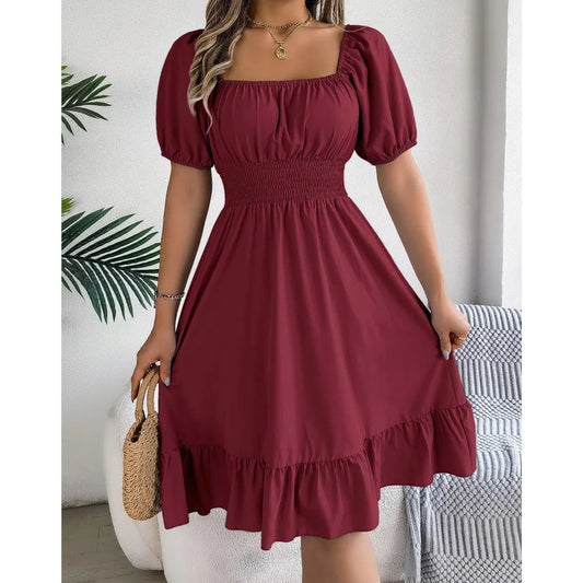 Women's MIidi Dresses 2024 Summer Casual Square Neck Short Sleeved Waist Ruffle Edge Dress Dress Women Elegant Платья Женские Badiee Stylez