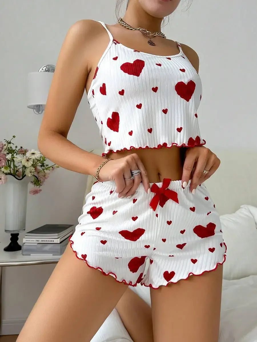 Women's Pajamas Set Sleepwear 2 PCS Short Tank Tops And Shorts S M L White Ventilate Soft Casual Love Printing