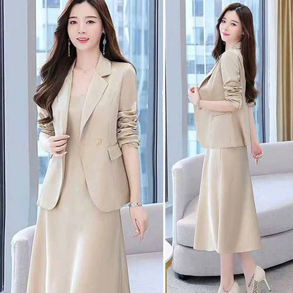 2Pcs/Set Summer Women Suit Dress Outfit Solid Color Mid-length Lady Dress Sets Light Luxury Commute Sling Dress Coat Set