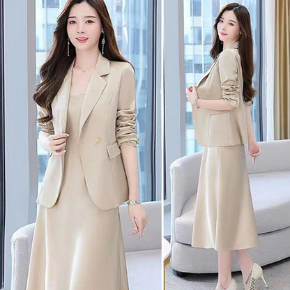 2Pcs/Set Summer Women Suit Dress Outfit Solid Color Mid-length Lady Dress Sets Light Luxury Commute Sling Dress Coat Set