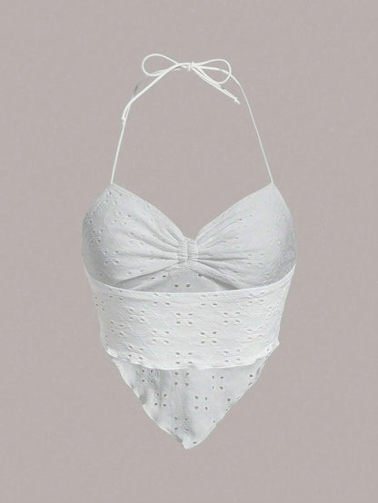 Eyelet Embroidery Tie Backless Hanky Hem Halter Top for Women Y2K Summer Sexy Going Out Sleeveless Knot Cami Crop Top Streetwear