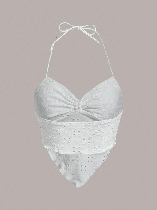 Eyelet Embroidery Tie Backless Hanky Hem Halter Top for Women Y2K Summer Sexy Going Out Sleeveless Knot Cami Crop Top Streetwear