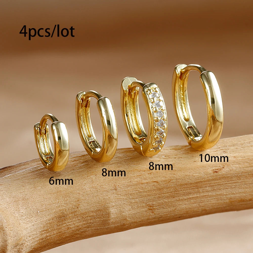 4PCS Set Stainless Steel Huggie Minimal Hoop Earrings 6/8/10mm Crystal Zirconia Helix Tragus Cartilage Earrings Piercing Jewelry Badiee Stylez