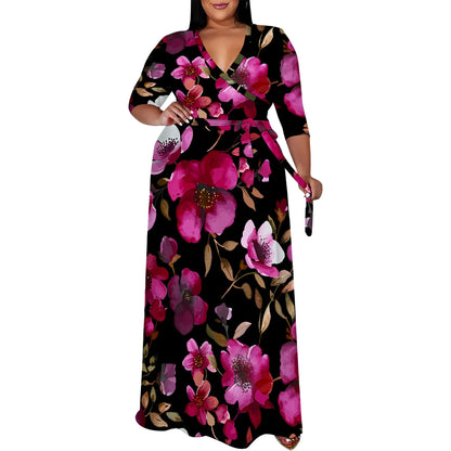 Plus Size Dress for Women - 3/4 Sleeve V-Neck Maxi Dress for Women with Belt and Pockets White-3 CHINA