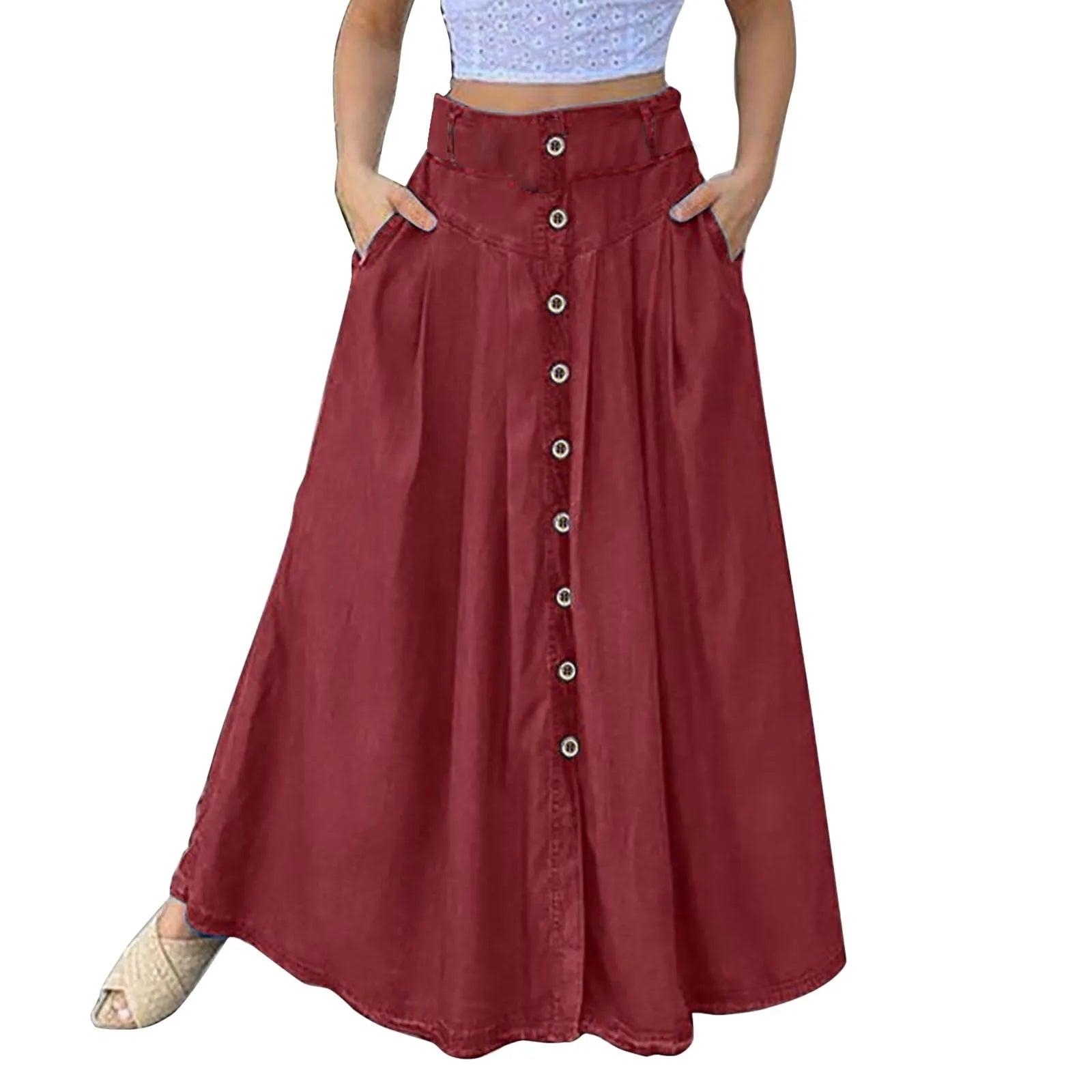 Bed Skirt Full Women's Spring And Summer Casual Loose Solid Color A Line High Waist Skirt With Pocket Buttons Colorful Skirt Red