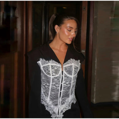 New Design Lace Patchwork Suit Jacket Women Retro Chic V-neck Single Breasted Waist-cinching Jackets Female High Street Outwear