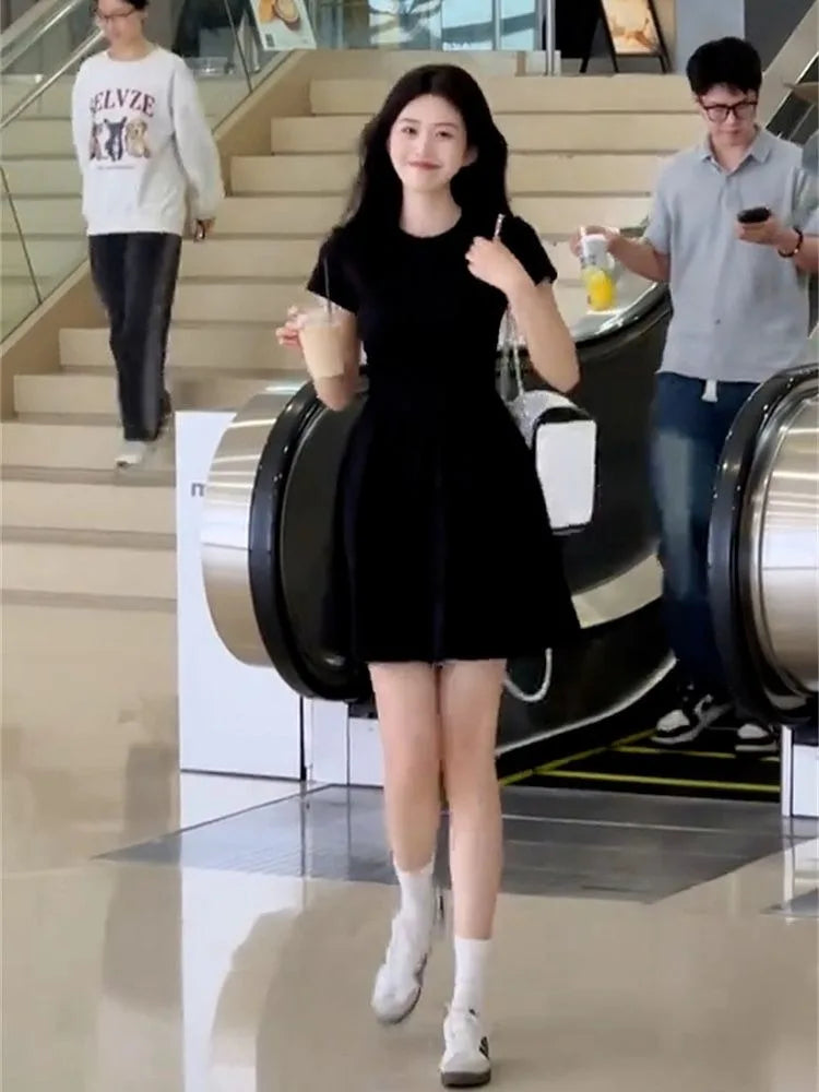 Women's Petite Black Summer Dress Round Collar Short Sleeve Slimming A-Line Mini Streetwear French Elegant LBD for Juniors