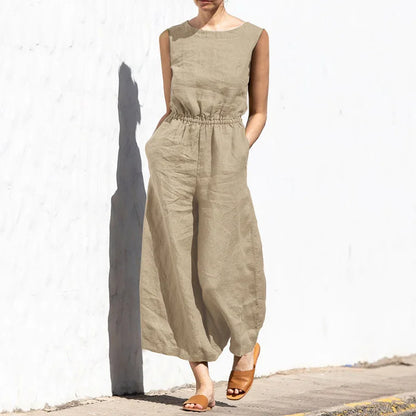 Elegant Solid Cotton Linen Women Jumpsuit Fashion Button O Neck Sleeveless Pocket Jumpsuits Ladies Elastic Waist Office Clothing Khaki