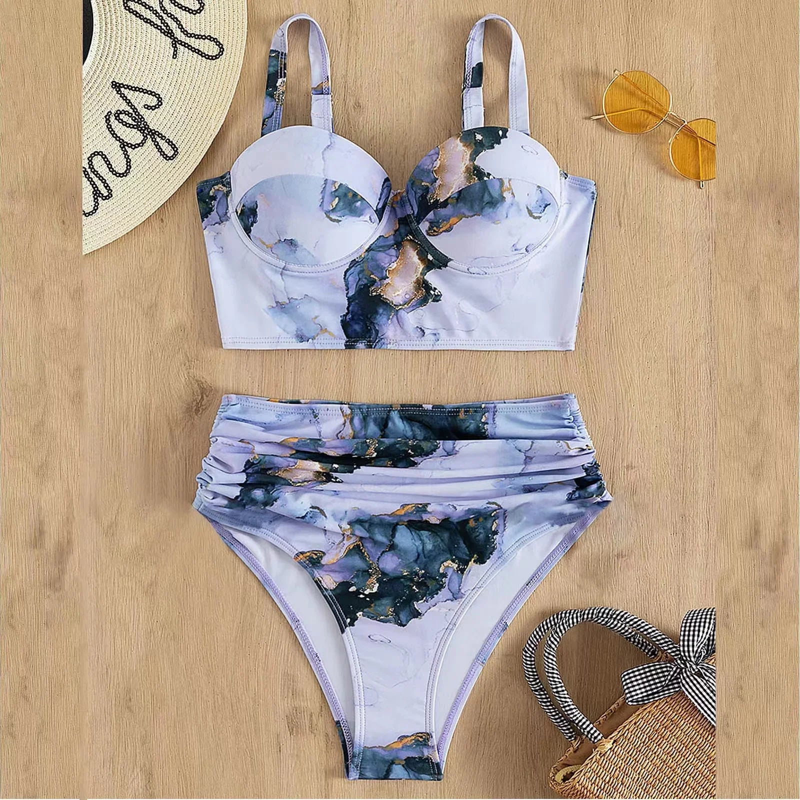 2024 Summer New Bikini Push Up Swimsuit Women Halter High Waist Swimwear Female Printed Bathing Suit Bathers