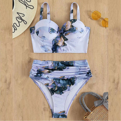 2024 Summer New Bikini Push Up Swimsuit Women Halter High Waist Swimwear Female Printed Bathing Suit Bathers