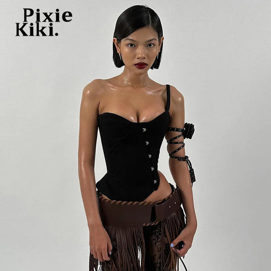 PixieKiki Sexy Black Busiter Corset Tops Club Wear Asymmetrical One Shoulder Backless Crop Top Women's Clothing 2024 C85-DD20