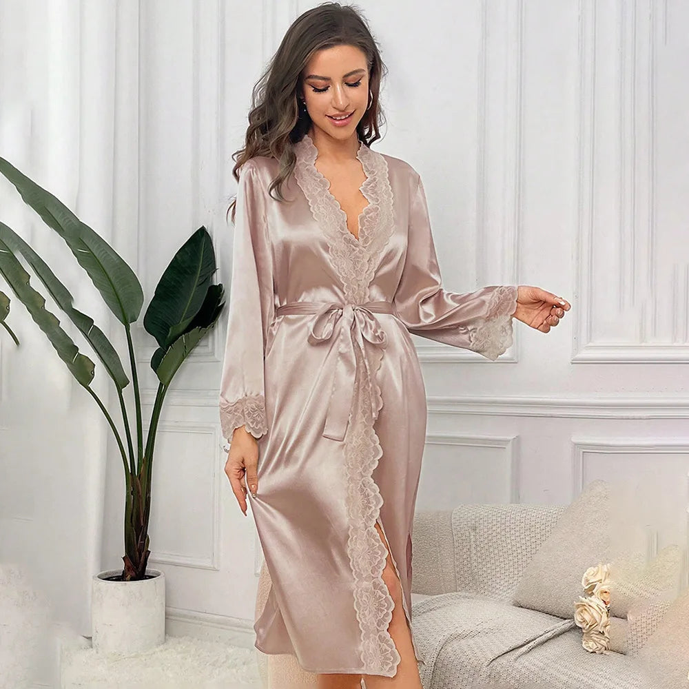 New Long Bathrobe Sexy Lace Light Luxury Long Sleeve Velvet Robe Bathrobe Bathrobe Home Wear